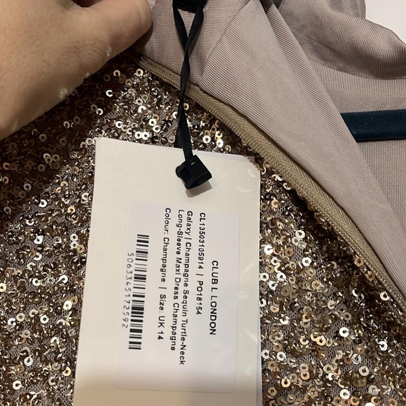 Club L London Galaxy Champagne Sequin Turtle Neck Gold Maxi Dress Size 10 NWT - Picture 8 of 8